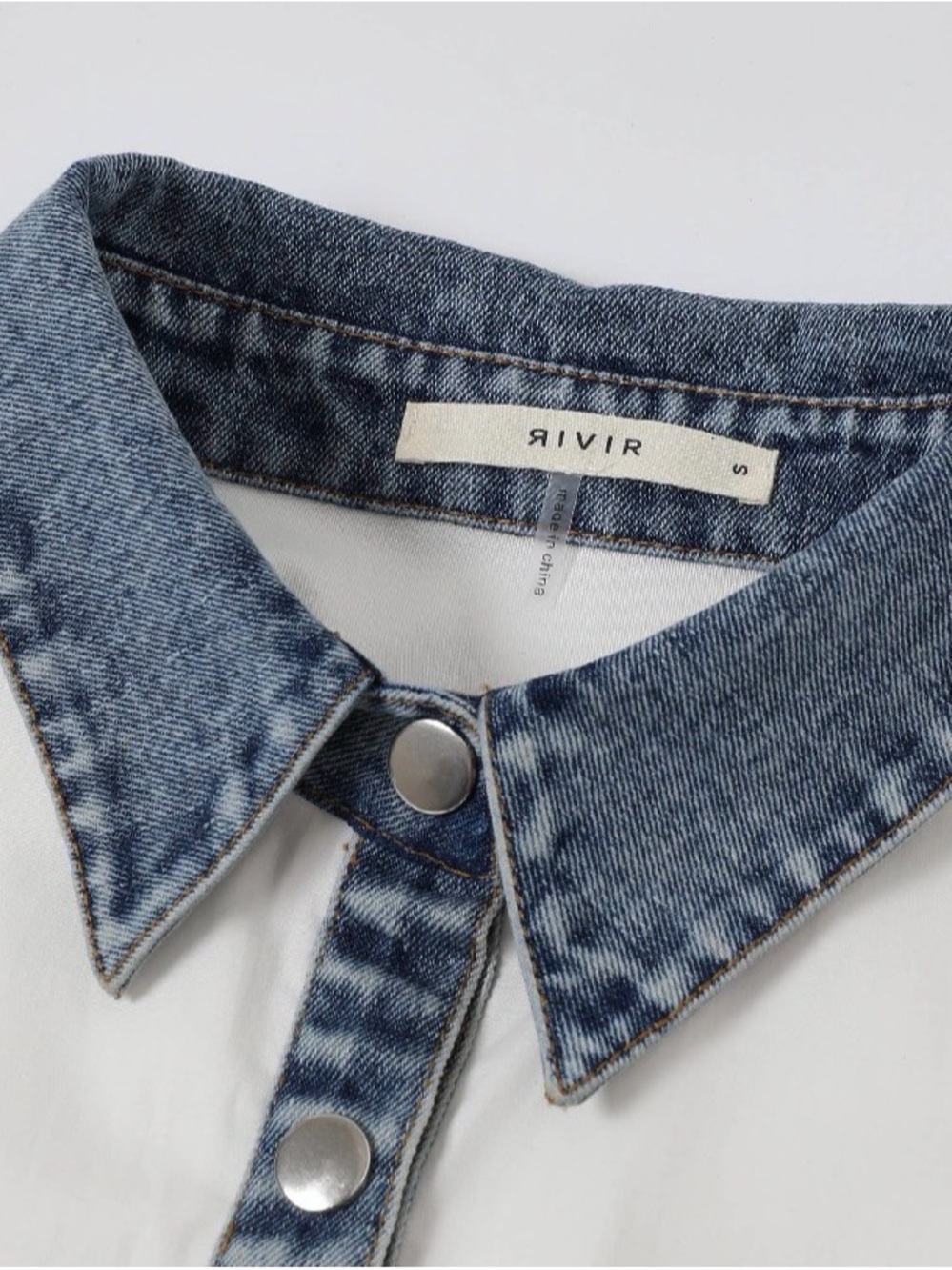 NWT White Contrast Collar Denim Detail Shirt - Picture 5 of 10